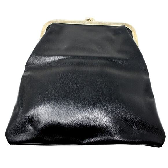Vintage Black Vinyl Flat Purse w Chain or Folded Clutch Metal Frame 9x9 -Hey Viv - Picture 5 of 6